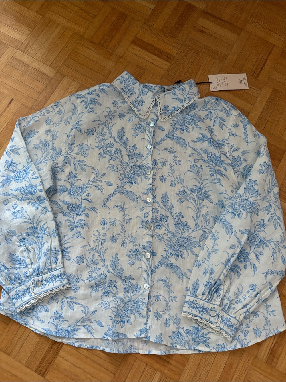 Laura Ashley Blue Floral Button-Up Shirt with Lace Collar